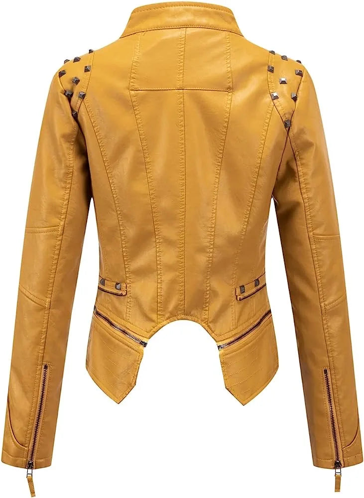 2025 Spring New Style Suit Collar Rivet Waist Short Washed Pu Leather Jacket