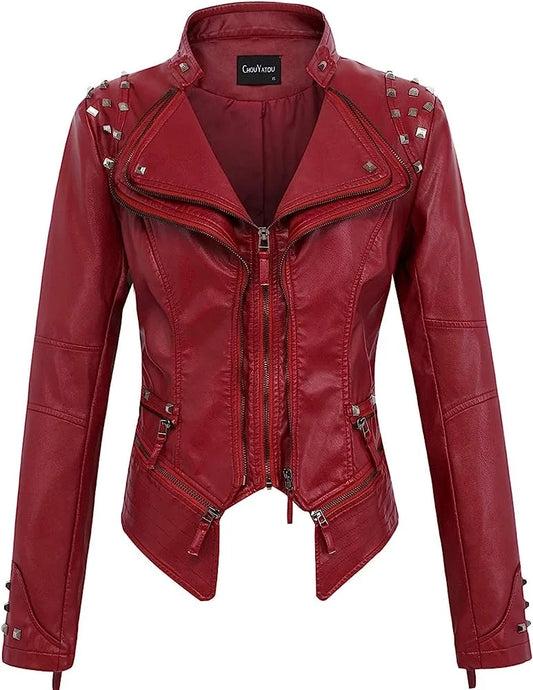 2025 Spring New Style Suit Collar Rivet Waist Short Washed Pu Leather Jacket