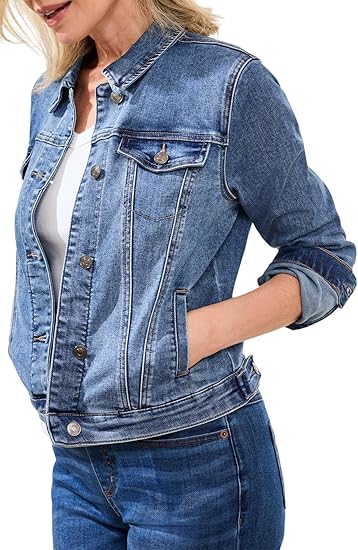 Tribal womens Classic Fit Comfort Stretch Denim Jacket (Regular and Extended Lengths)