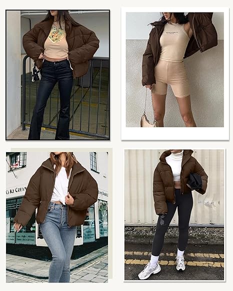 WHN Women Puffer Jacket Coat Winter Quilted Outerwear 2025 Trendy Long Sleeve Puffy Warm Casual Outfit