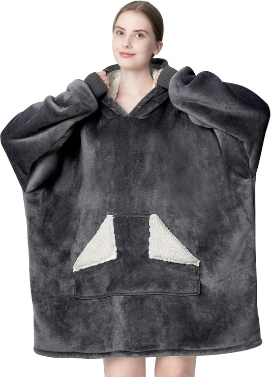 Touchat Wearable Blanket Hoodie, Oversized Sherpa Fleece Sweatshirt Blanket with Giant Hood Pocket and Sleeves for Adult, Warm & Cozy Grey Blanket Gifts for Women