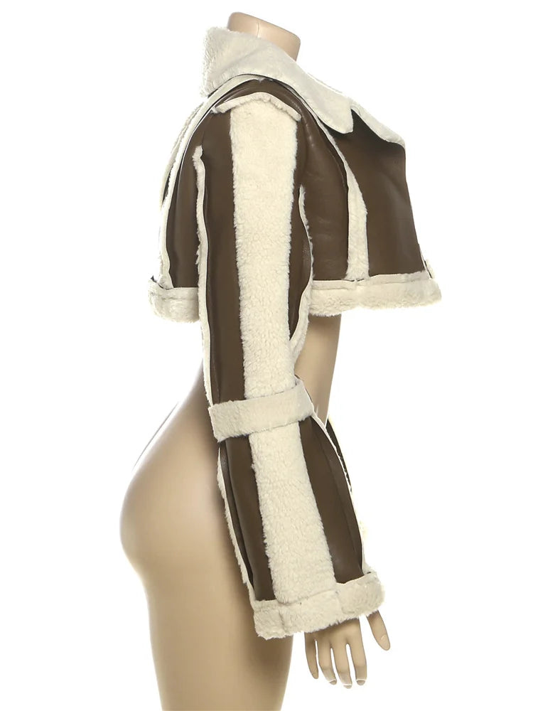 Weird Puss Furry Patchwork Women Crop Jacket Hipster Full Sleeve Open Stitch Hipster Streetwear Warm Outwear Basic Wild Coat