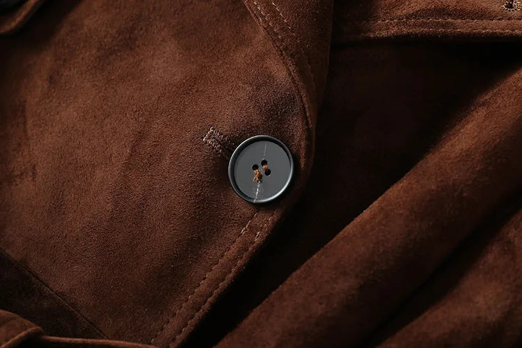 Real Suede Jacket Winter Female Elegant British Style Brown/Grey Sheepskin Double-Breasted Belt Slim Long Casual Leather Coat