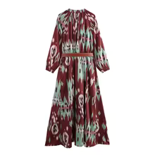 2024 RARF Winter New Product Women's Fashion Casual V-neck Belt Printed Long Sleeve Midi Long Style Slimming Dress