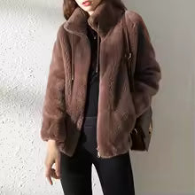 Women Winter Double Coral Fleece Warm Coat Stand Collar Plush Thick Overcoat Female Fashion Casual Long Sleeve Zipper Clothes