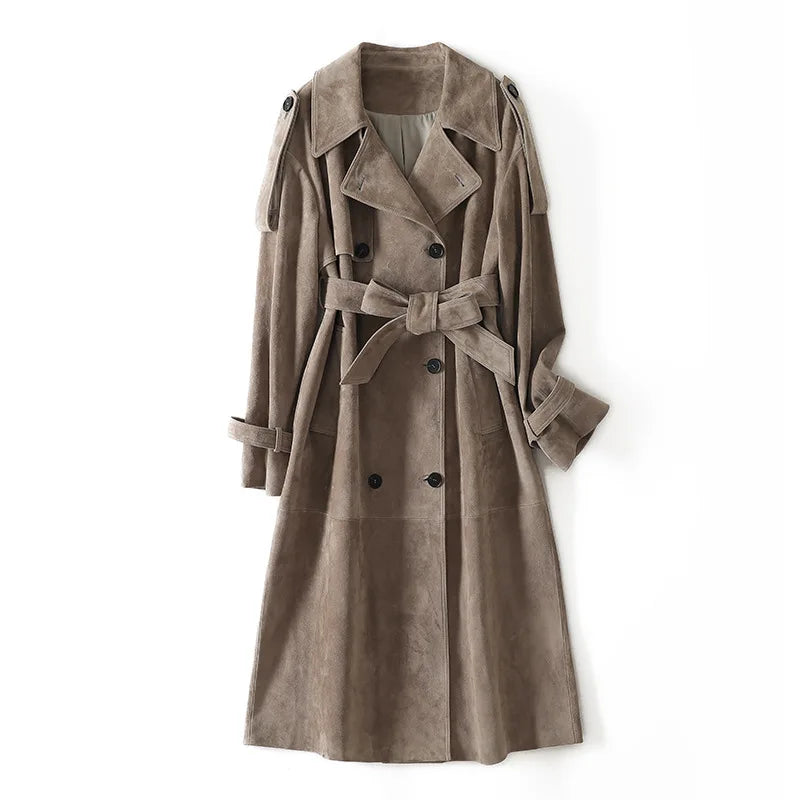 Real Suede Jacket Winter Female Elegant British Style Brown/Grey Sheepskin Double-Breasted Belt Slim Long Casual Leather Coat