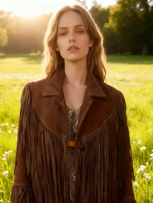 Brown retro suede fringe-style women's jacket, with a patterned western-style lining, single-button autumn coat