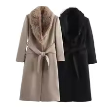 Women's Belt Warm Fur Collar Coat Flip Collar Pocket Button Decoration Autumn/Winter New Women's Wear