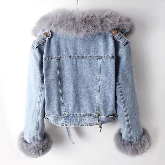 New Winter Denim Jacket Women Fashion Overcoat Faux Fox Fur Collar Jean Coat Female Short Warm Parkas Rabbit Hair Lining Outwear