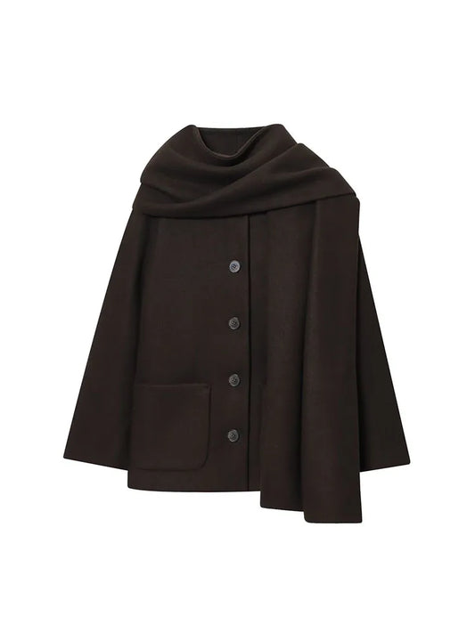 2025 Women Autumn Winter Jackets Coats Casual Solid Scarf Collar Single Breasted Female Elegant Street Jacket Outerwear Clothing