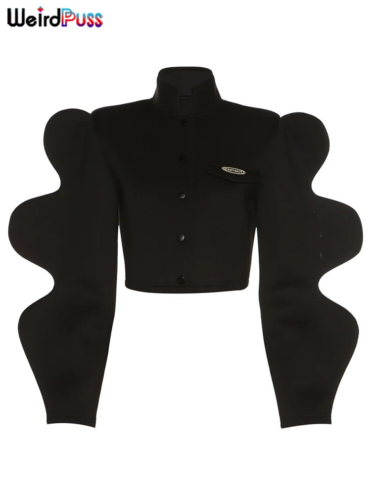 Weird Puss Fashionable Special Sleeve Jacket Women Y2K Autumn Warmth Solid Single-Breasted Wild Street Causal Short Outwear Coat