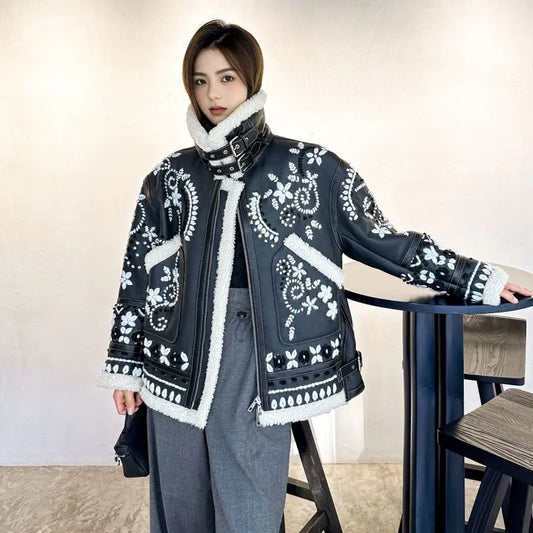 Women Luxury Floral Embroidery Sheepskin Genuine Leather Real Fur Jacket Loose Handmade Winter Warm Natural Wool Lining Overcoat
