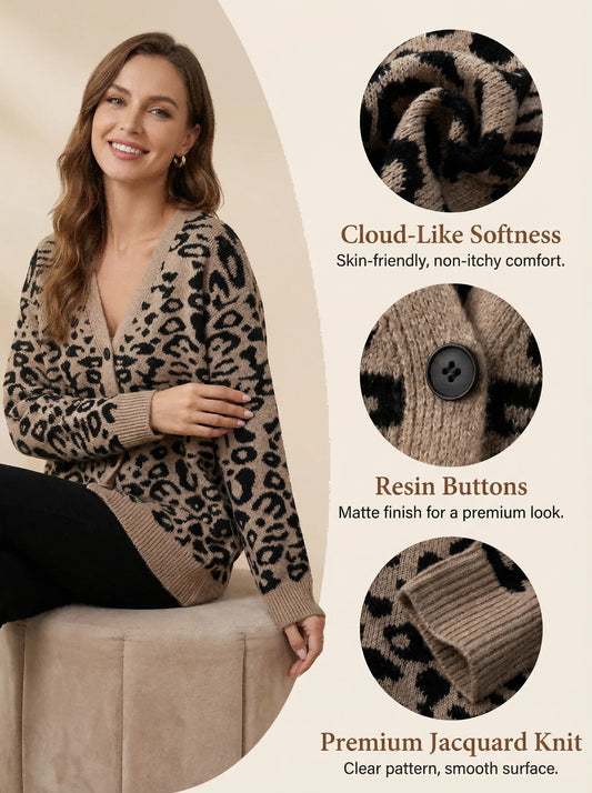 Loose leopard print fashion mid-length knitted cardigan women’s spring autumn lazy V-neck casual knitted sweater coat