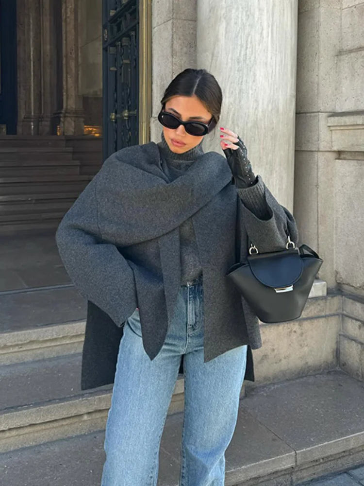 Autumn Winter New Female Cape Solid Long Sleeve Knitted Coat Fashion Scarf Collar Warm Women Short Jacket Elegant Streetwear