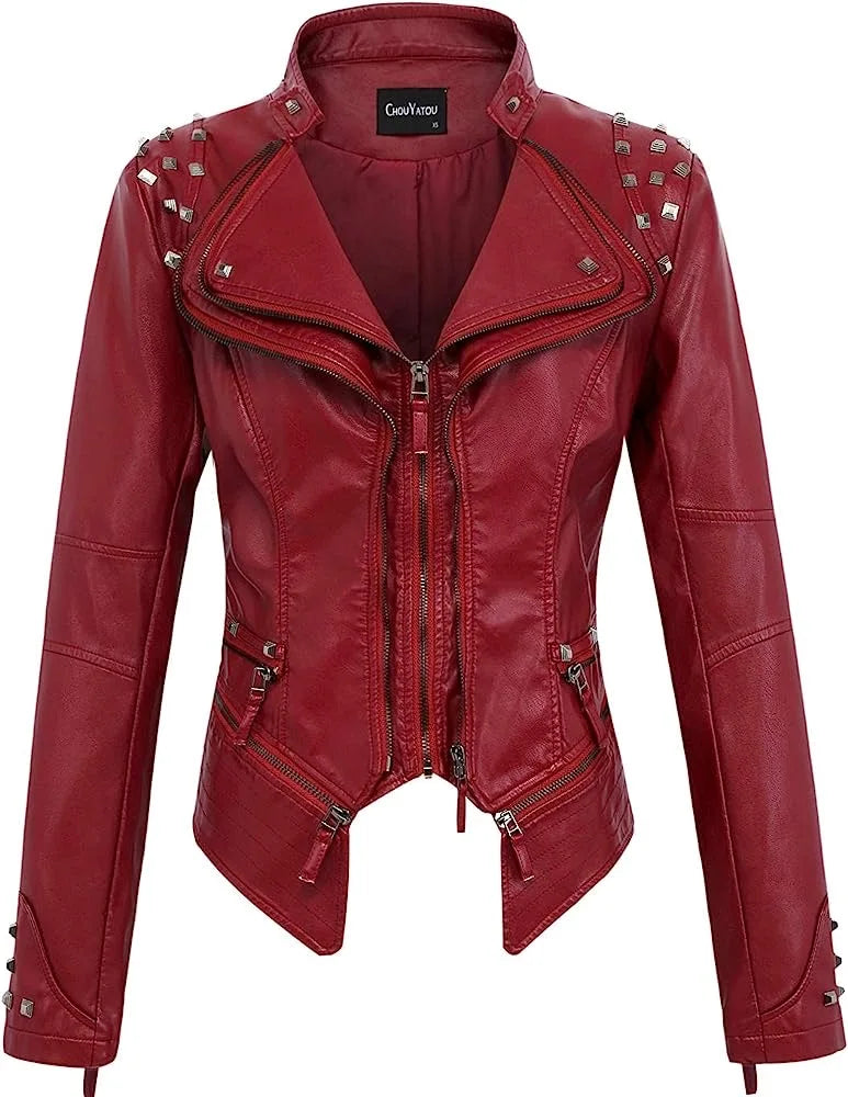 2025 Spring New Style Suit Collar Rivet Waist Short Washed Pu Leather Jacket