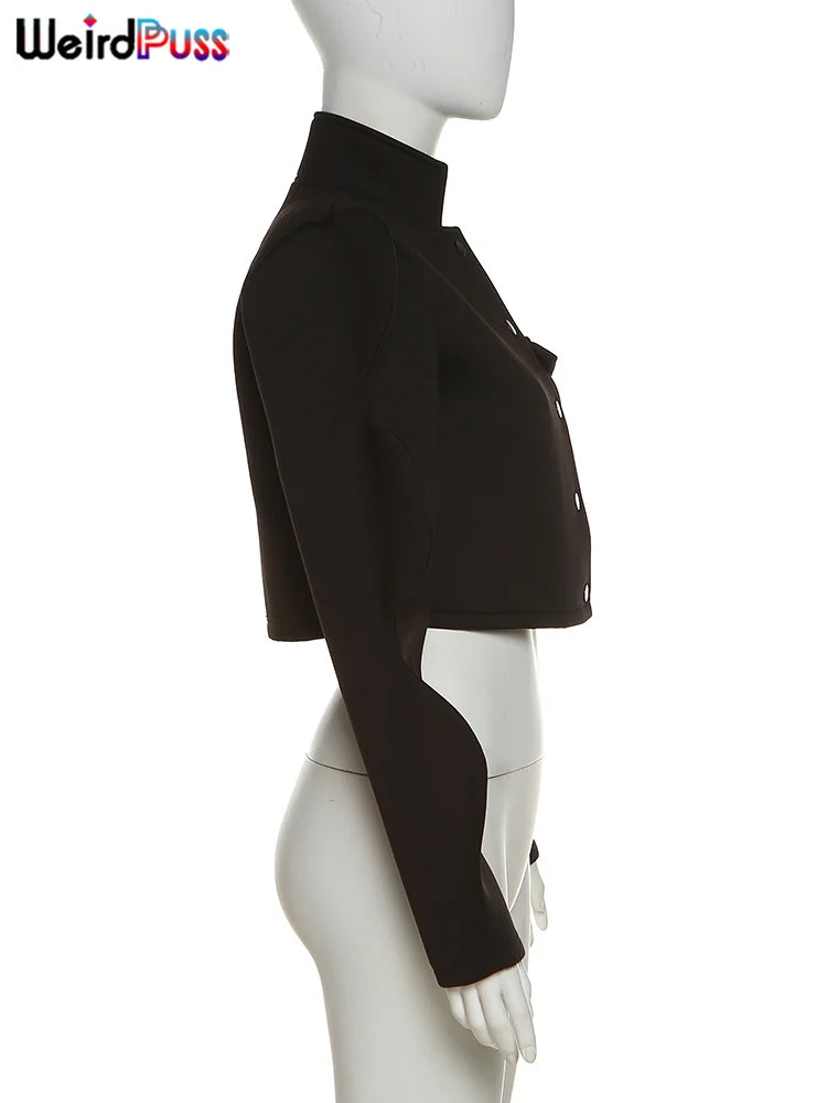 Weird Puss Fashionable Special Sleeve Jacket Women Y2K Autumn Warmth Solid Single-Breasted Wild Street Causal Short Outwear Coat