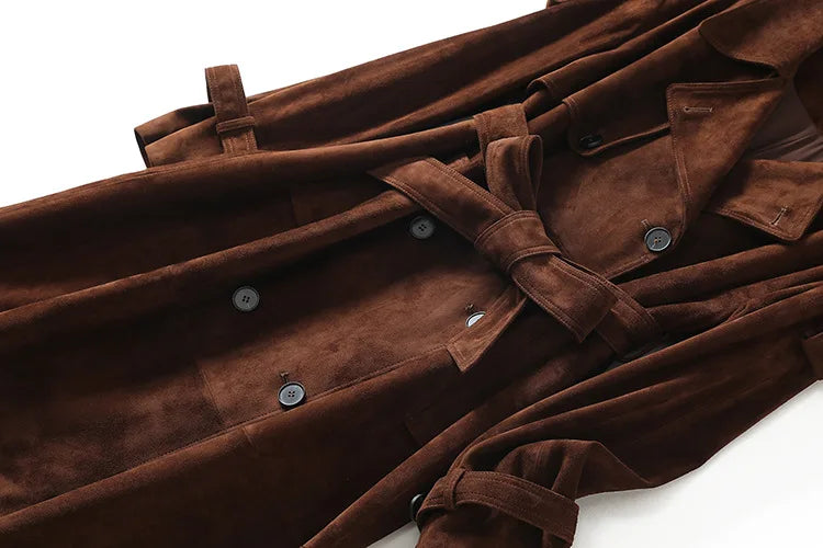 Real Suede Jacket Winter Female Elegant British Style Brown/Grey Sheepskin Double-Breasted Belt Slim Long Casual Leather Coat