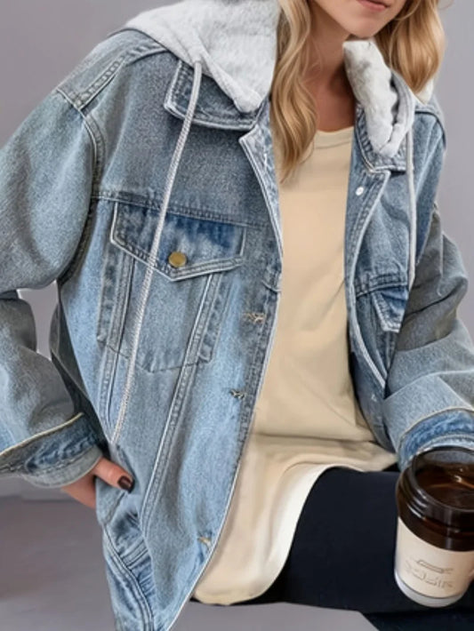Women's fashion hooded denim jacket, detachable drawstring hood pocket denim jacket, oversized elastic loose fit