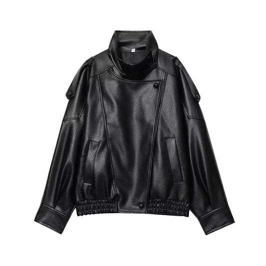 TFMLN 2025 Women Faux Leather Loose Jacket High Street Stand Collar Long Sleeve Coat Fashion Causal Zipper Outwear Autumn Winter
