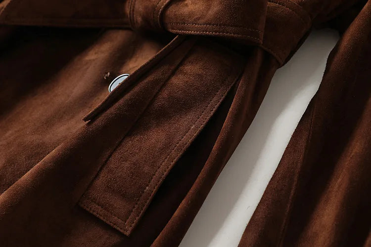 Real Suede Jacket Winter Female Elegant British Style Brown/Grey Sheepskin Double-Breasted Belt Slim Long Casual Leather Coat