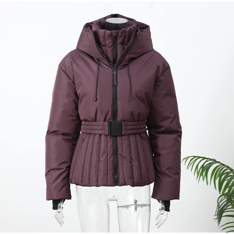 Belted Chic Hooded Cotton Coat Women Casual Full Sleeve Stand Collar Zipper Short Skiwear 2026 Lady Winter Sport Puffer Jacket