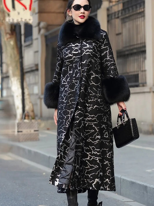 Ladies Fox Fur Collar Sheepskin Down Jacket Elegant Luxury Long Printing Straight Coat Women Winter Office Real Leather Overcoat