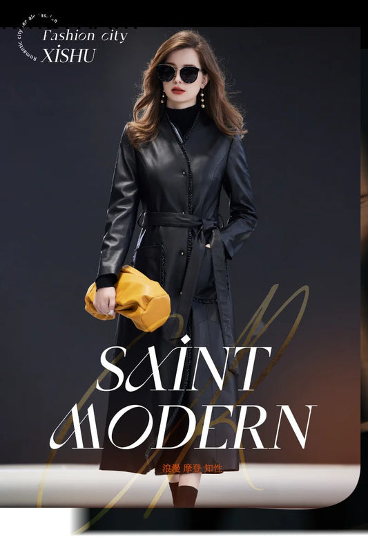 Genuine Leather Jacket Woman Real Sheepskin Long Jackets High Quality Black Leather Trench Coat 2025 Spring Women Clothing 가죽자켓