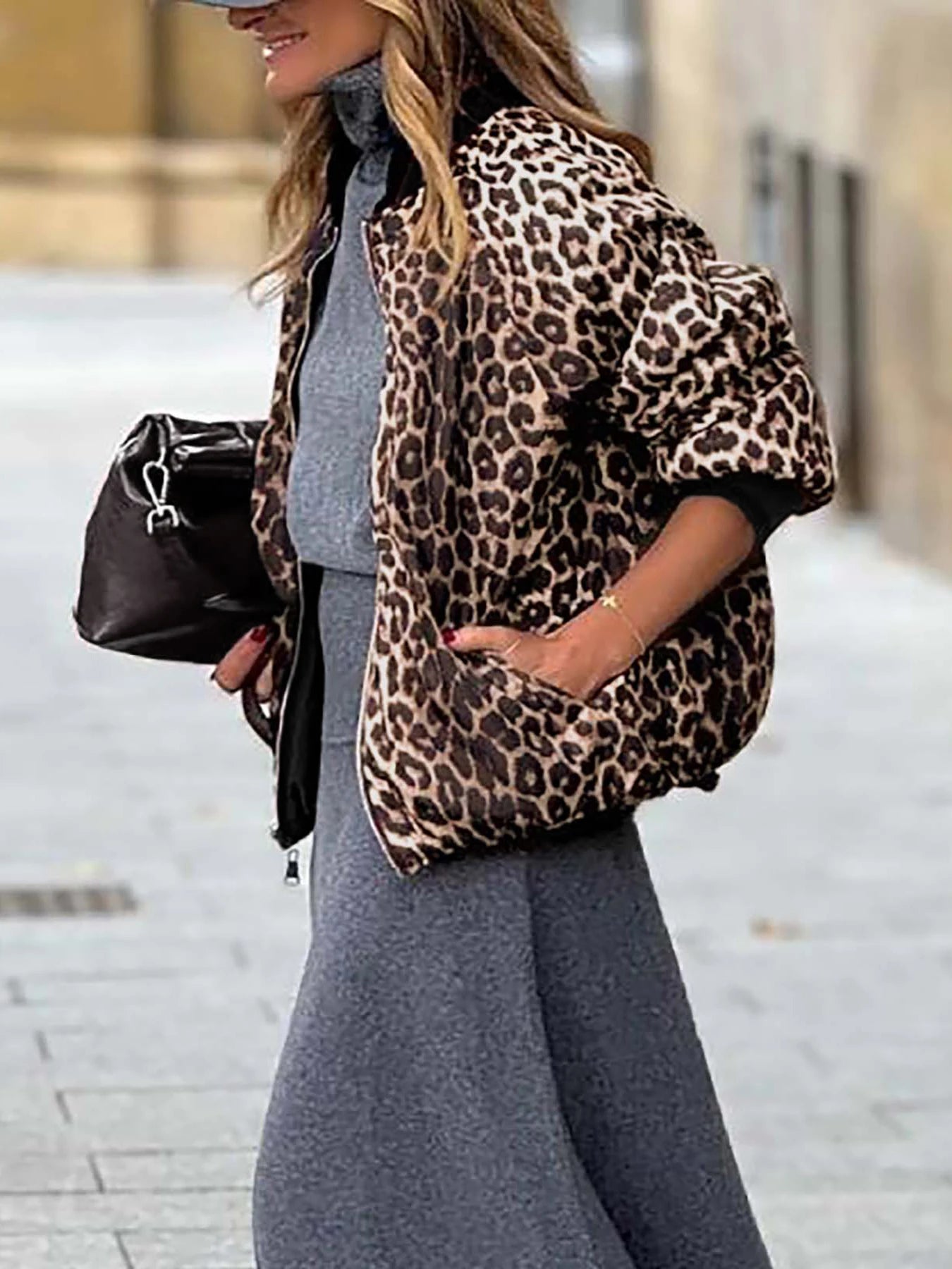 Beautiful reversible women's jacket, baseball collar with side pockets and zippered placket, women's leopard print jacket 766