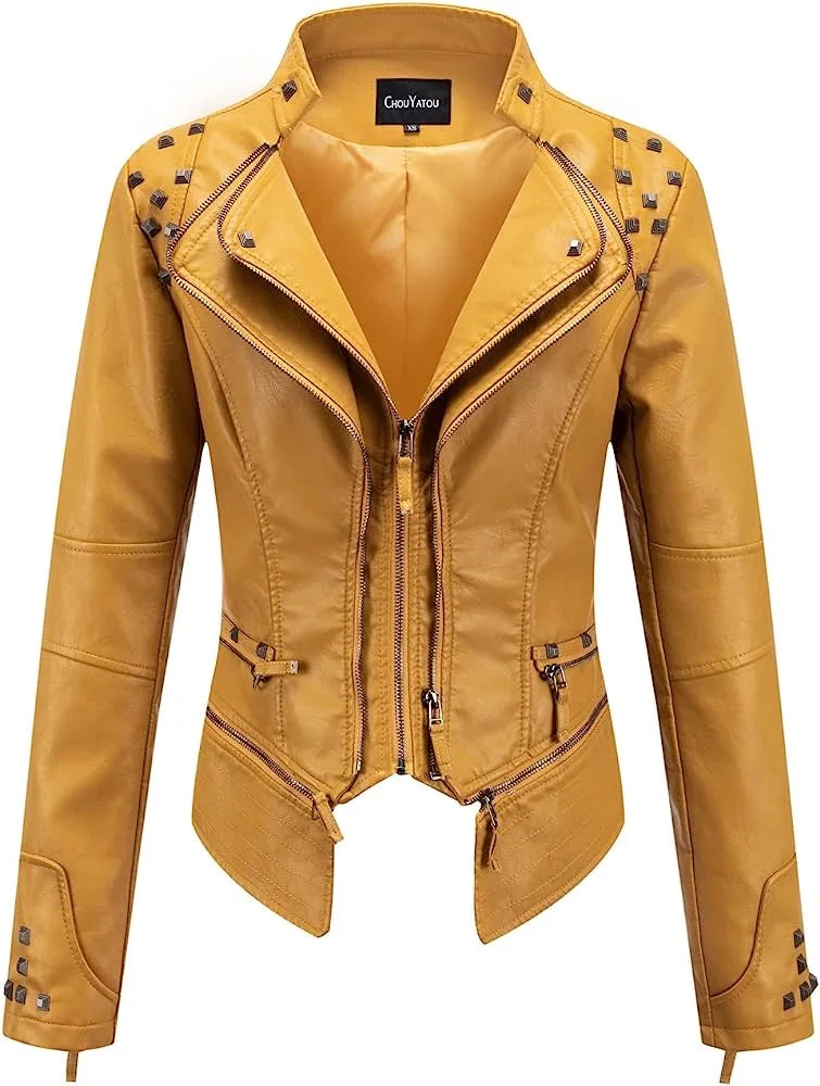 2025 Spring New Style Suit Collar Rivet Waist Short Washed Pu Leather Jacket