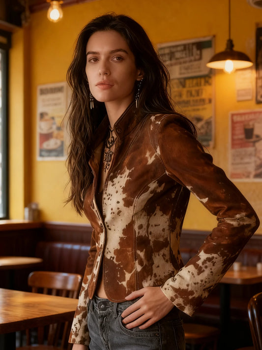 Women's retro brown and white cow print lapel top casual jacket - slim fit single breasted design, long sleeves