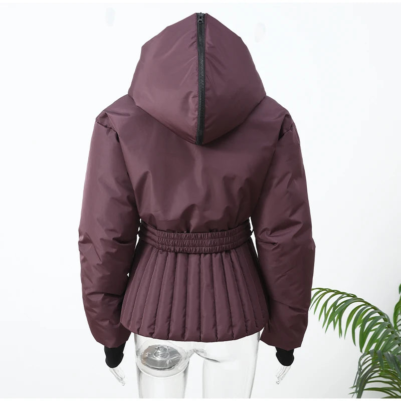 Belted Chic Hooded Cotton Coat Women Casual Full Sleeve Stand Collar Zipper Short Skiwear 2026 Lady Winter Sport Puffer Jacket