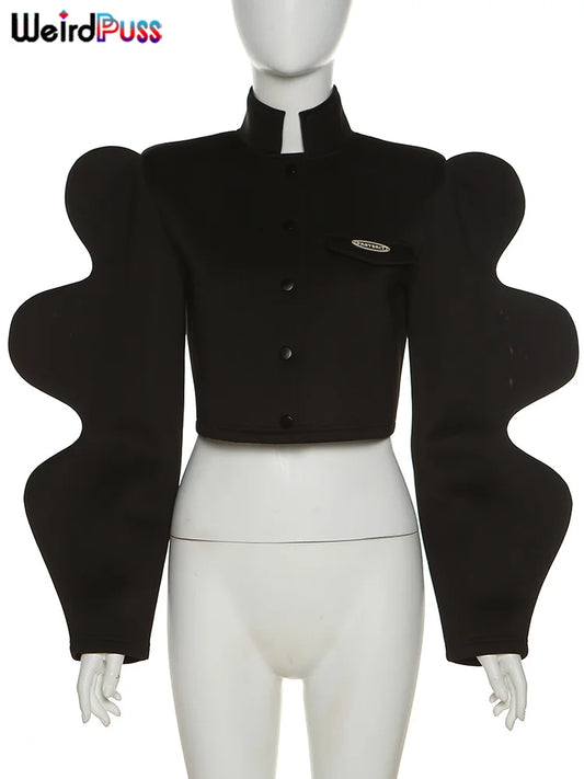 Weird Puss Fashionable Special Sleeve Jacket Women Y2K Autumn Warmth Solid Single-Breasted Wild Street Causal Short Outwear Coat