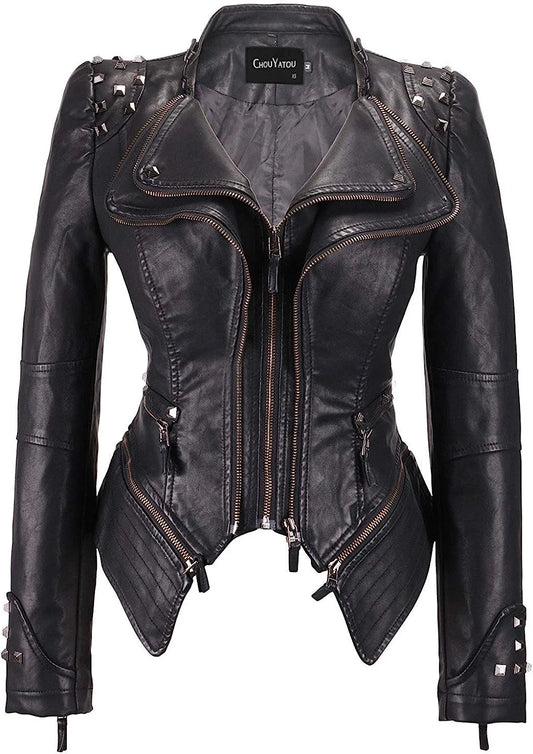 2025 Spring New Style Suit Collar Rivet Waist Short Washed Pu Leather Jacket