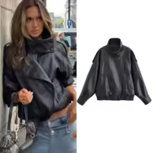 Women's Jacket Fall 2025 New Black Long Sleeve Pebble Faux Leather Jacket Motorcycle Style Personality Fashion