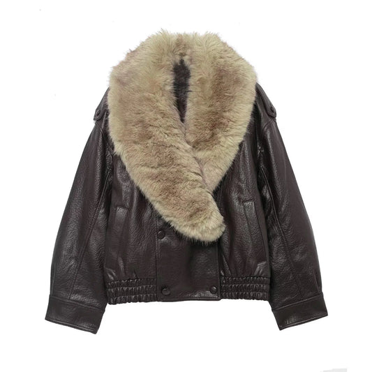 TFMLN 2025 Winter Women Loose Faux Leather Jacket Fashion Removed Big Fur Collar Causal Coat High Street Double Breasted Outwear