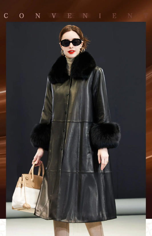 Tajiyane Genuine Sheepskin Leather Jacket Women Winter Long Down Coat Woman Real Fox Fur Collar and Cuffs Chaquetas Para Mujeres